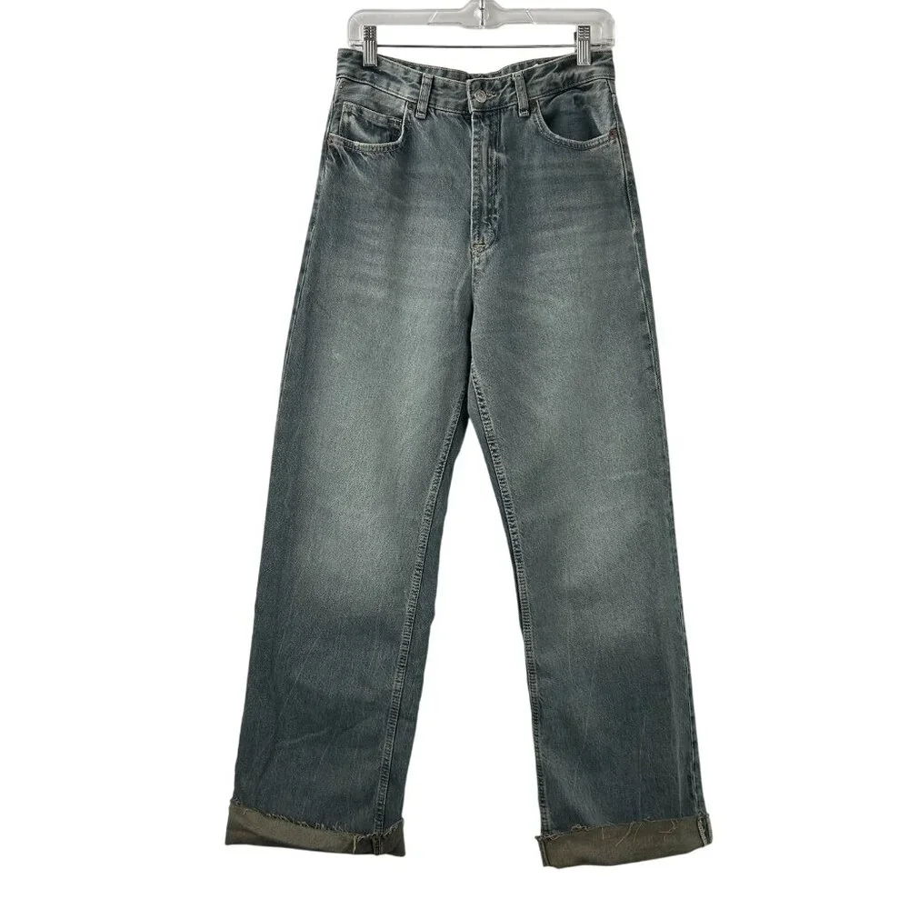 ZARA Women's 8 Jeans Blue Straight Leg High Rise Relaxed Baggy Cuffed Hem Denim - Picture 1 of 14